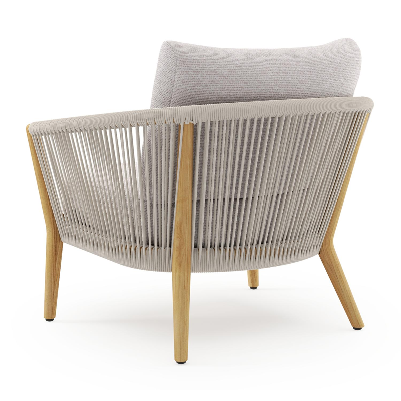 Orso loungestoel in teak en beige verticaal geweven ronde rope met Wander Gobi all weather sunbrella® luxe kussen