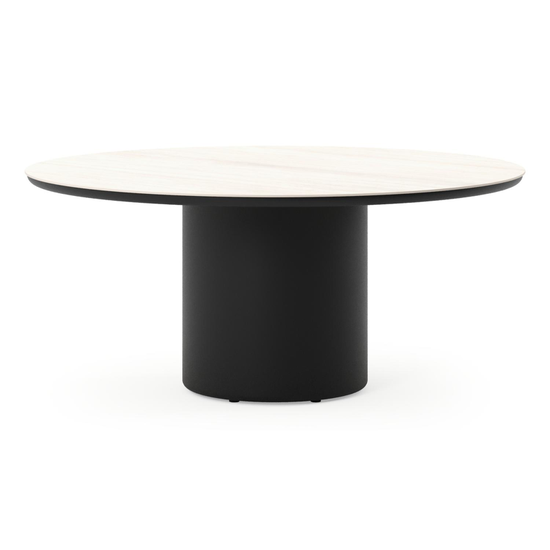Amico low dining tuintafel rond in zwart aluminium en volkeramiek Travertino Bianco - Dia. 148 x H 61 cm