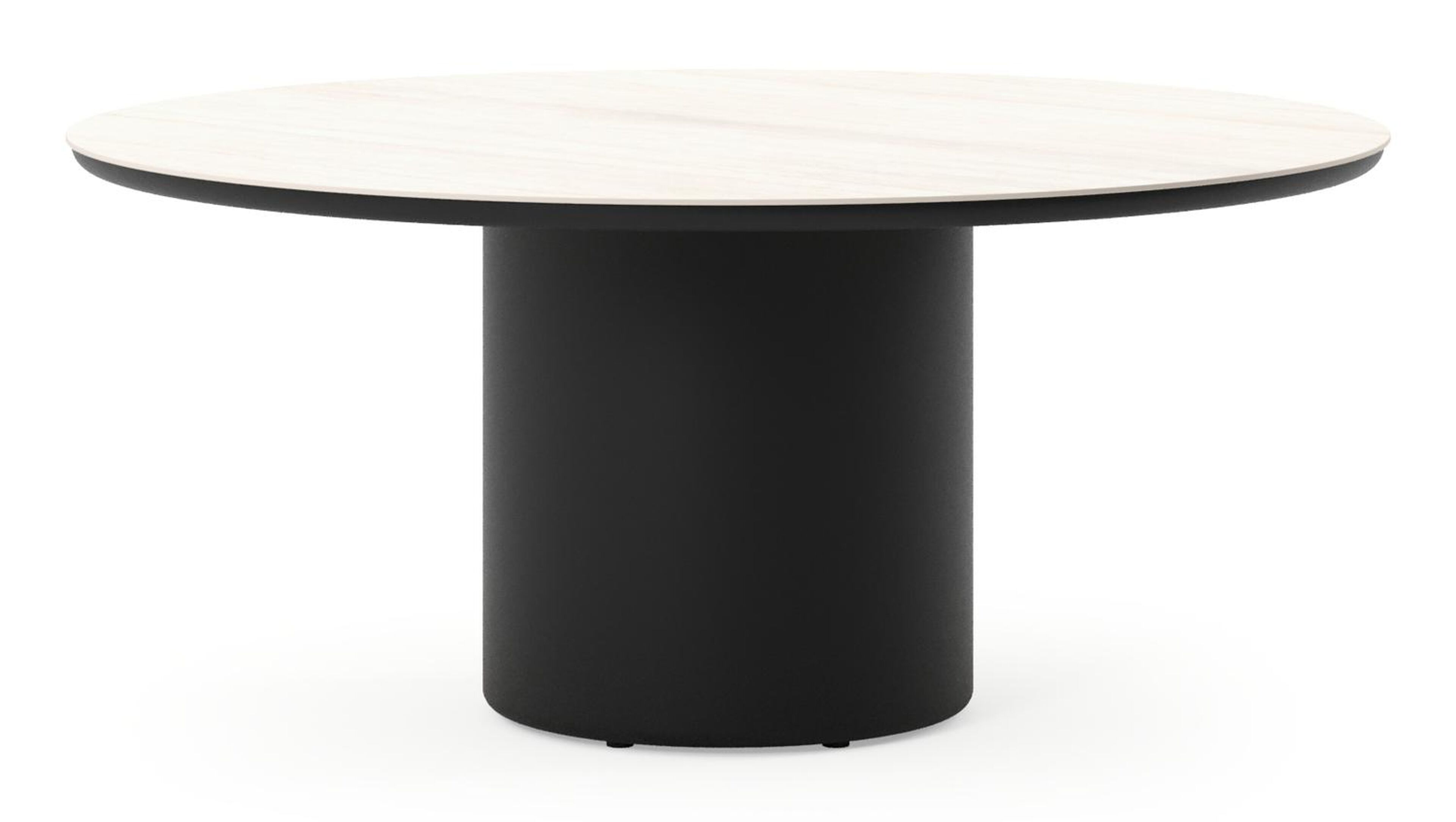 Table de jardin low dining Amico rond en aluminium noir et céramique pleine Travertino Bianco - Diam. 148 x Haut. 61 cm