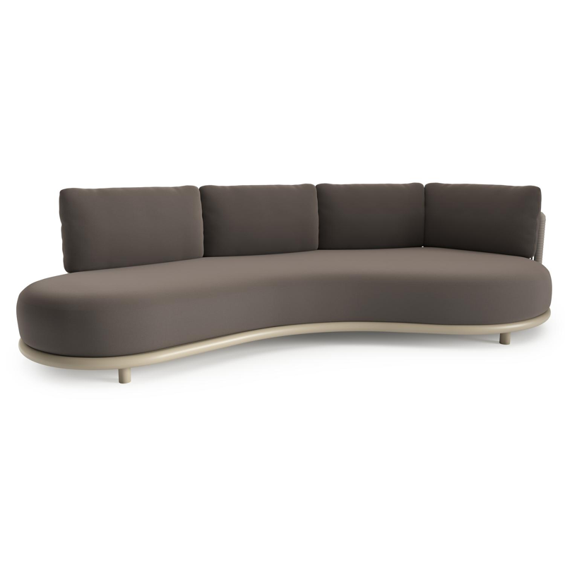 Lomano loungebank in beige aluminium en beige verticaal geweven luxe vlakke rope met natte nature grey all weather sunbrella® luxe kussen