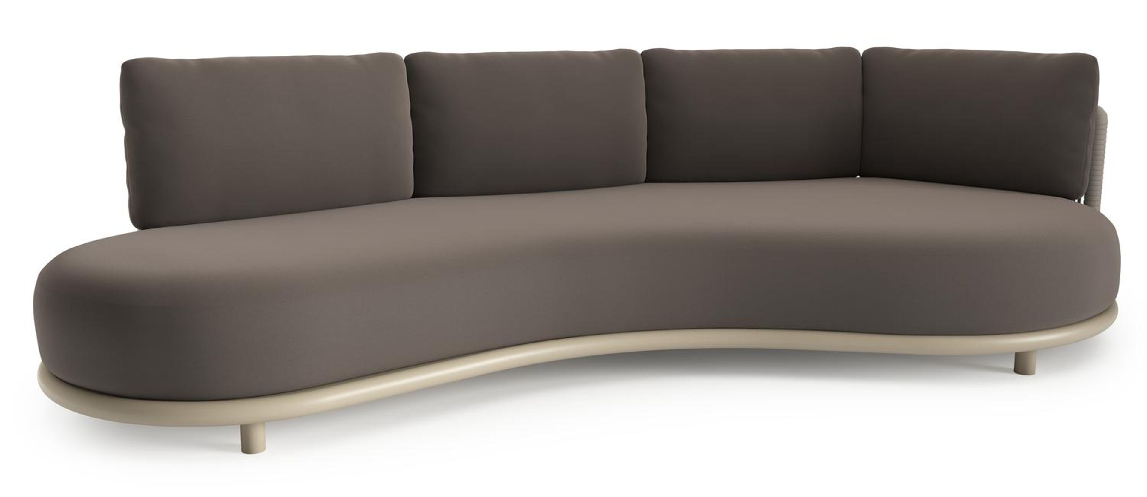 Lomano loungebank in beige aluminium en beige verticaal geweven luxe vlakke rope met natte nature grey all weather sunbrella® luxe kussen