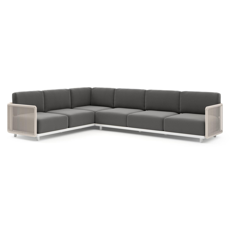 Organo loungehoek in wit aluminium en beige verticaal geweven luxe vlakke rope met natte charcoal chine all weather Sunbrella® luxe kussen