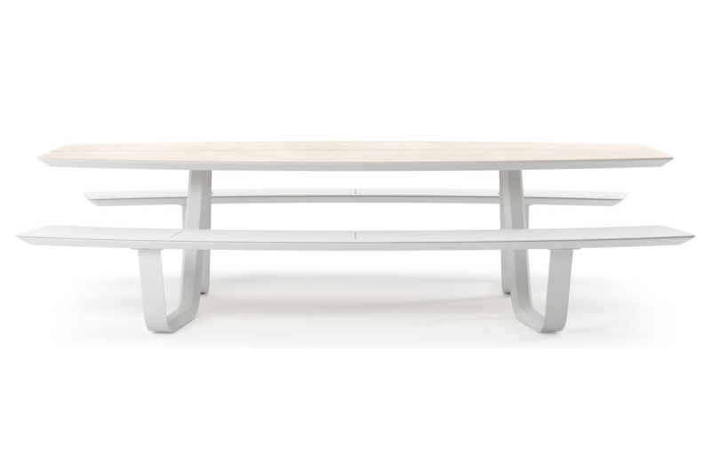 Table de pique-nique Forno forme de bateau en aluminium blanc et céramique pleine Travertino Bianco - Lg. 280 x Lrg. 192 x Haut. 72 cm