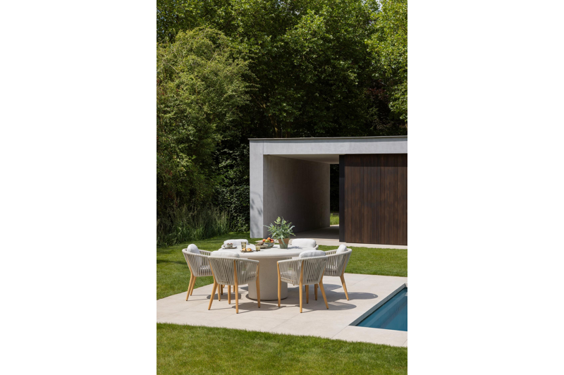 Orso tuinstoel in teak en beige verticaal geweven luxe vlakke rope