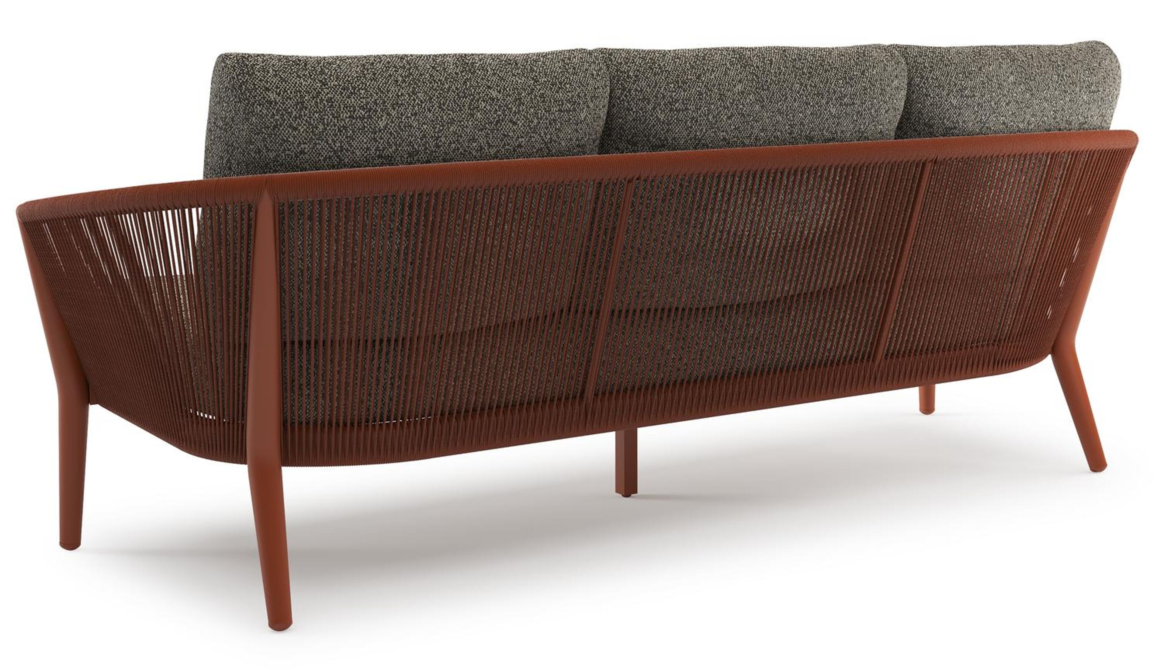 Orso loungebank in roestbruin aluminium en roestbruin verticaal geweven ronde rope met Marbella Tunder all weather cosytica kussen