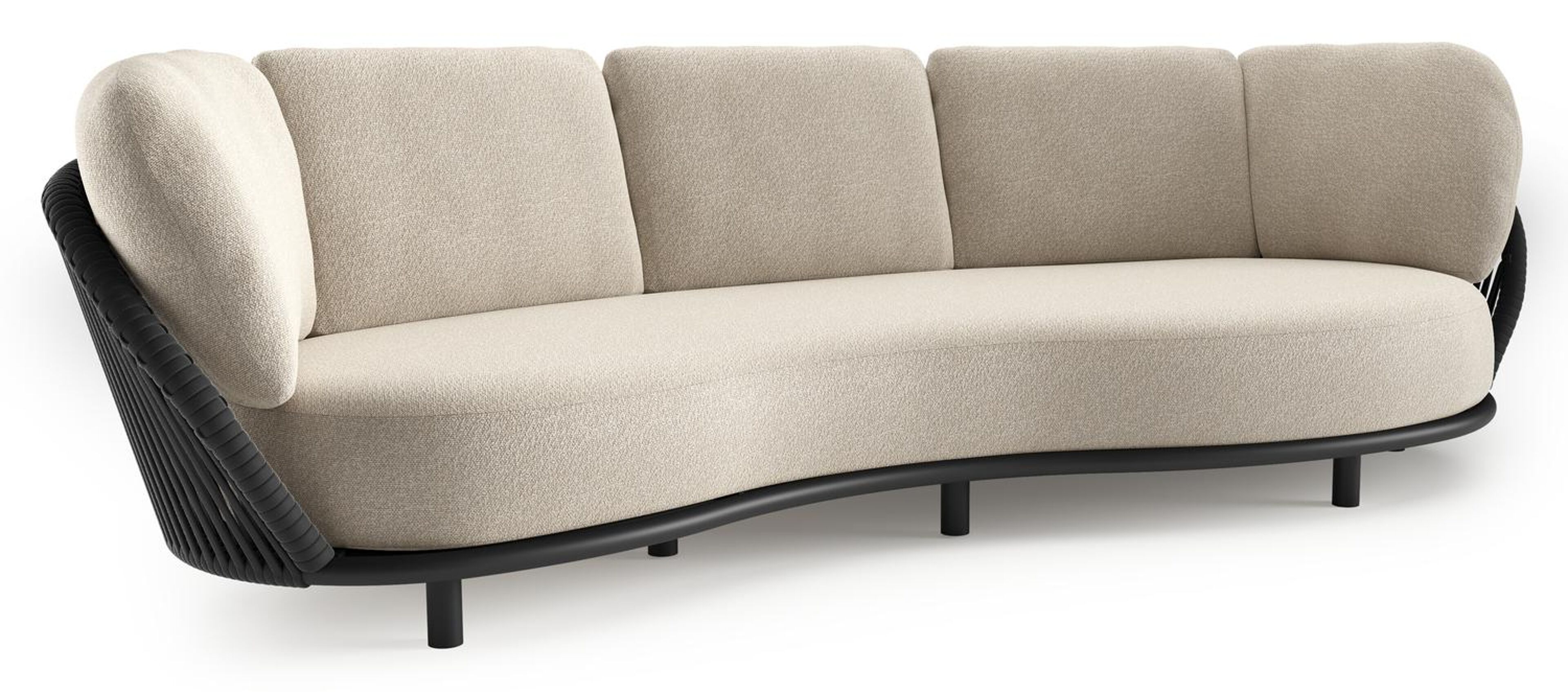 Lupino loungebank in zwart aluminium en zwart verticaal geweven luxe vlakke brede rope met marbella ecru all weather cosytica kussen