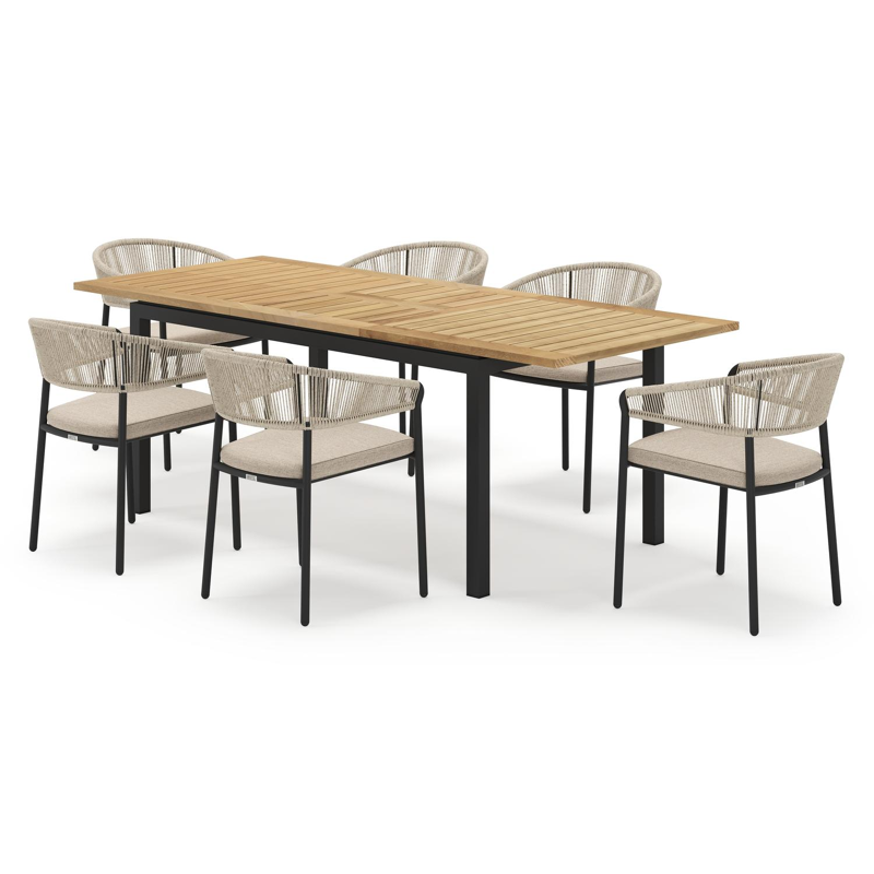 Amalfi rechthoekige uitschuifbare tuinset in zwart aluminium en teak naturel met 6 Zamora tuinstoelen