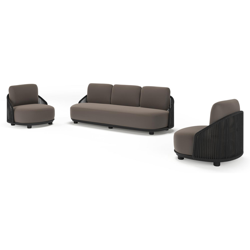 Salon de jardin Vadelo en aluminium noir et corde ronde tissée verticalement noir et coussins en all weather sunbrella® luxe natte nature grey