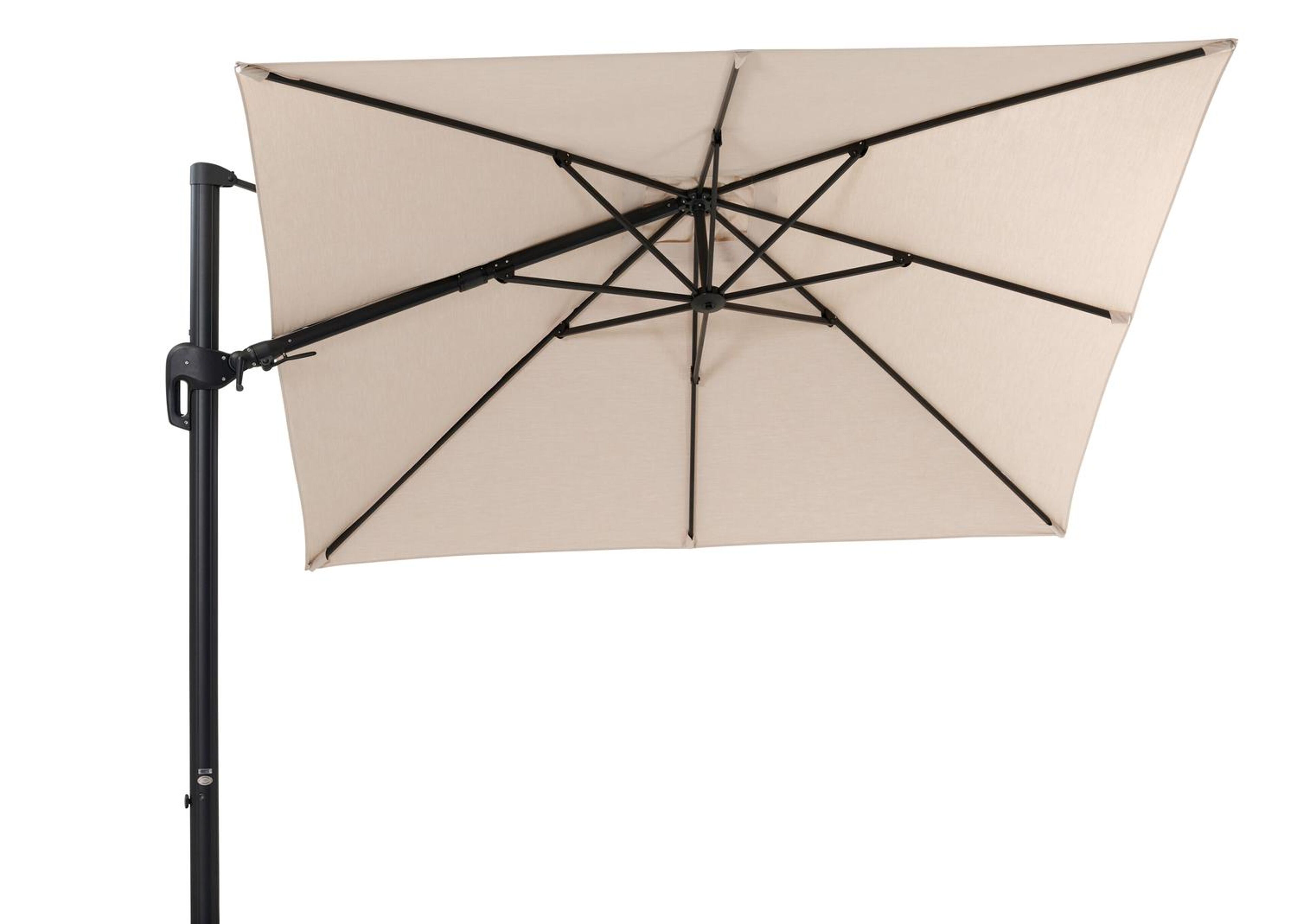 Rufina zweefparasol met tiltfunctie in zwart aluminium met beige all weather sunbrella® premium parasoldoek - L1 300 x L2 300 cm (zonder voet)