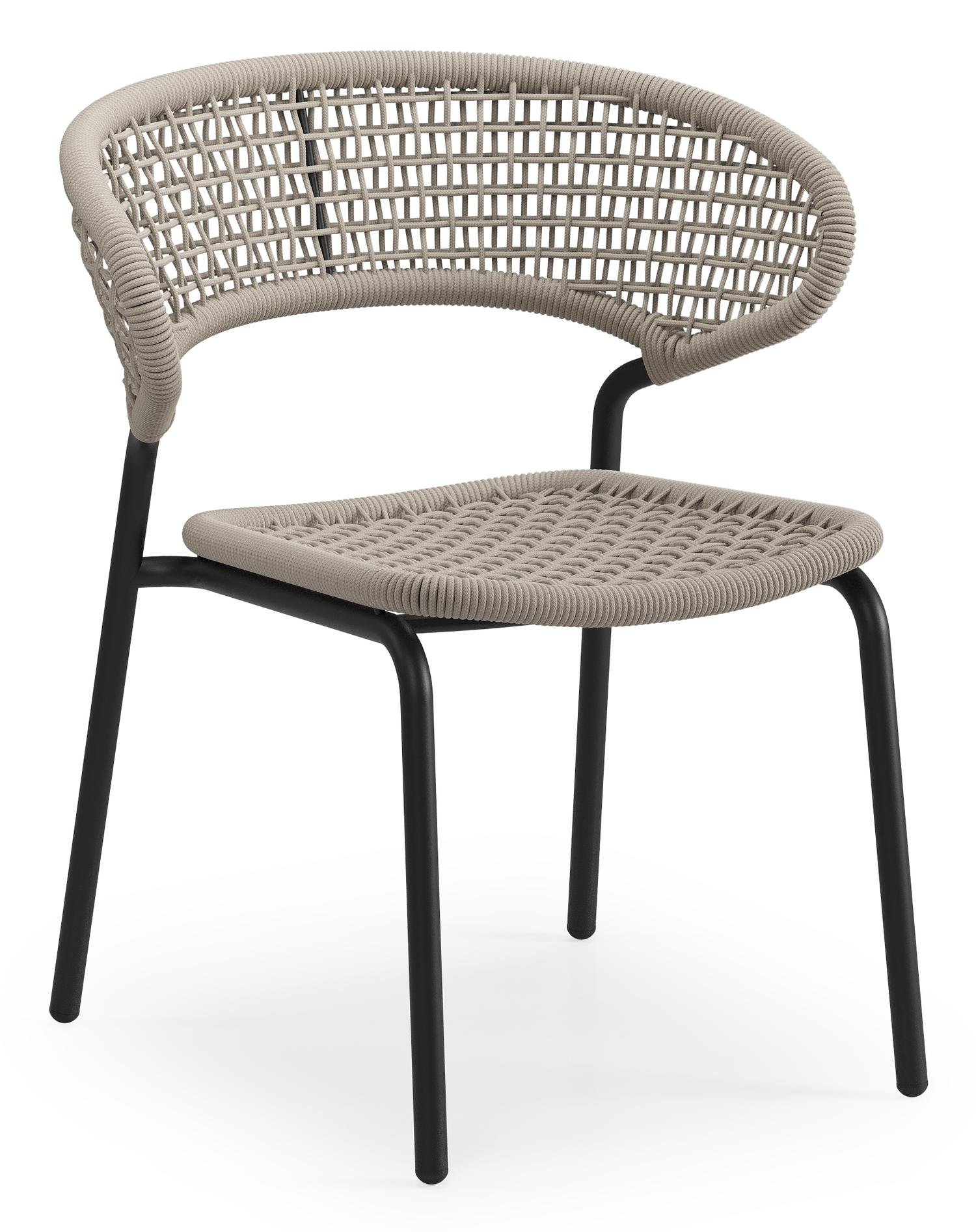 Chaise de jardin XL Donato en aluminium noir et corde ronde tissée carrée beige