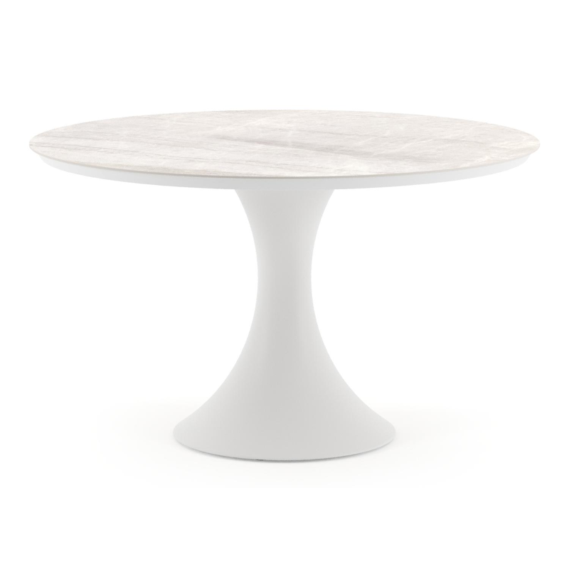 Table de jardin Fano ronde en aluminium blanc et céramique pleine Taj Mahal - Diam. 130 x Haut. 74 cm