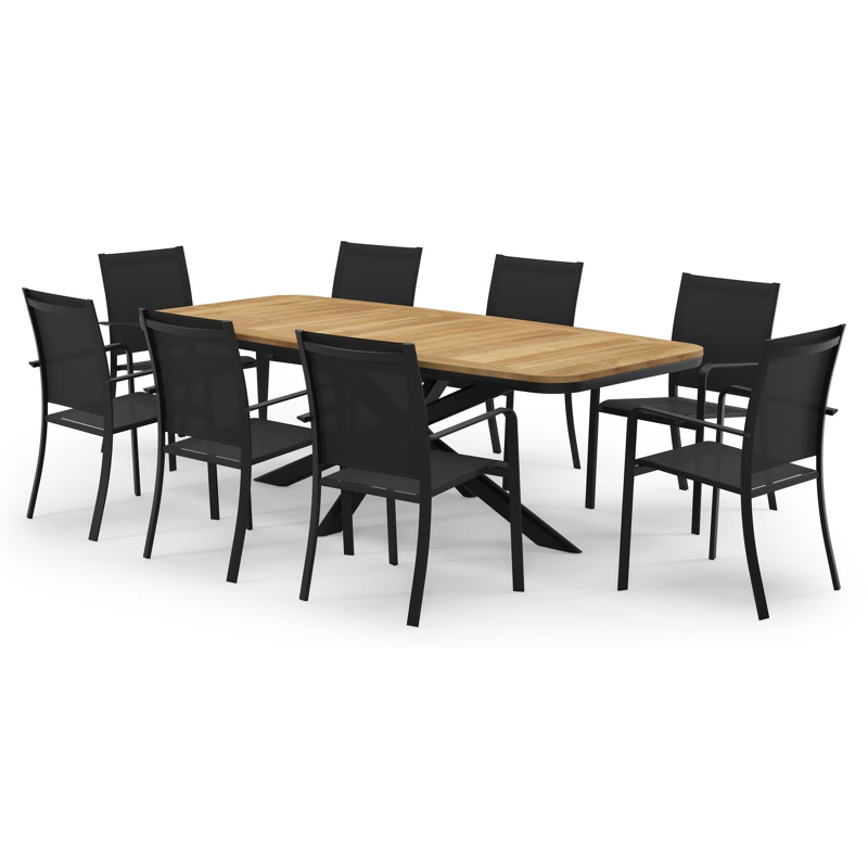 Pamplona bootvormige tuinset in zwart aluminium en teak natural finish met 8 Calobra tuinstoelen