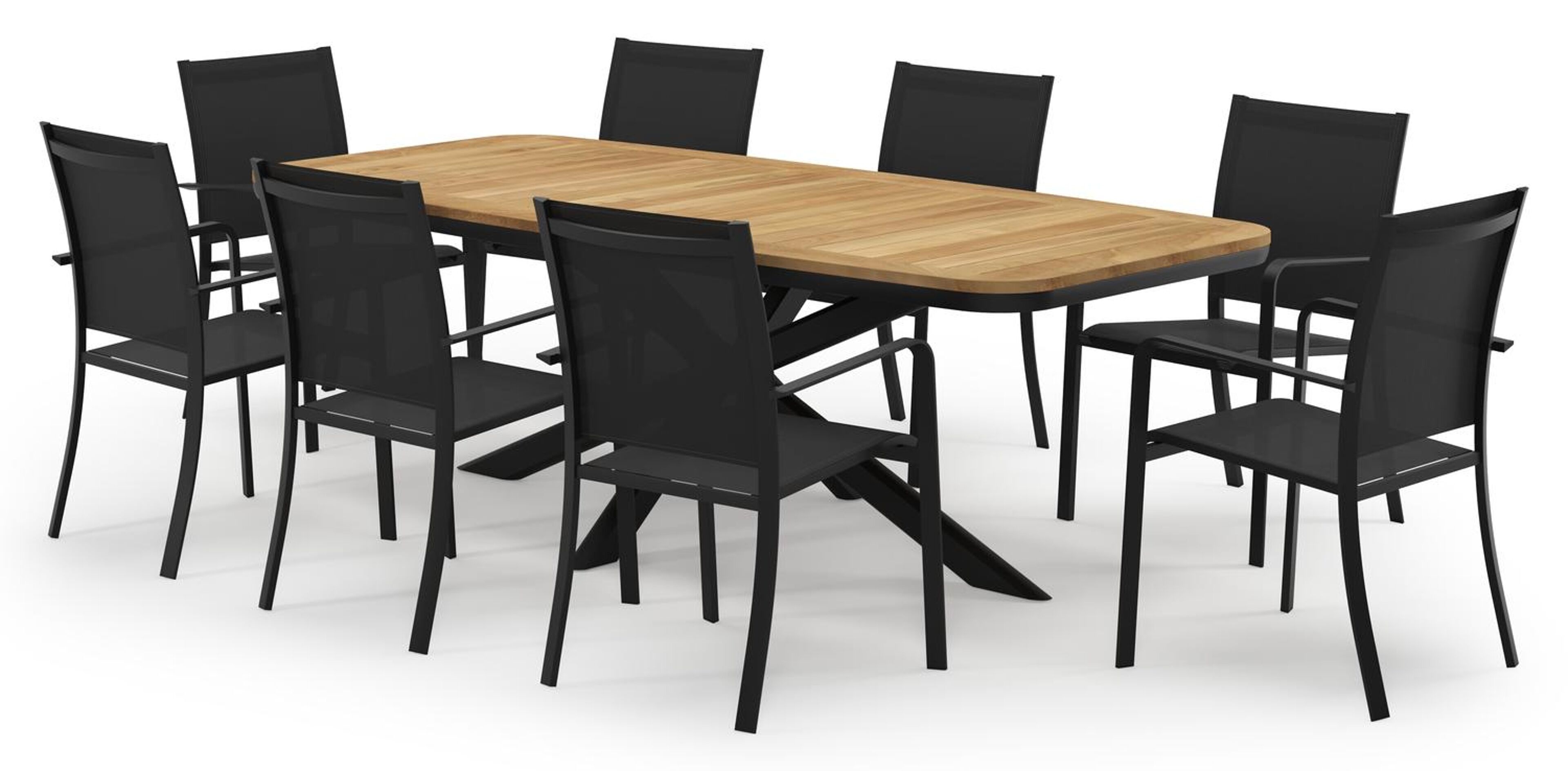 Pamplona bootvormige tuinset in zwart aluminium en teak natural finish met 8 Calobra tuinstoelen