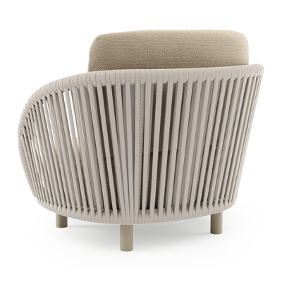 Fauteuil de jardin Lupino en aluminium beige et corde large plate de luxe tissée verticalement beige et coussins en all weather cosytica althea camel