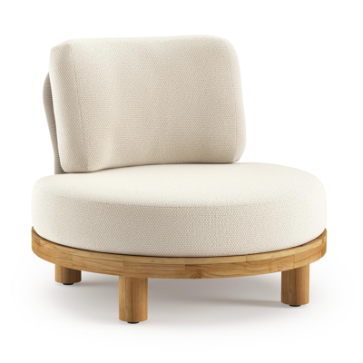 Donato loungestoel in teak en beige verticaal geweven ronde rope met all weather cosytica Althea Off White kussen