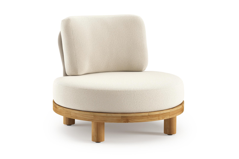 Fauteuil de jardin Donato en teck et corde ronde tissée verticalement beige et coussins en all weather cosytica Althea Off White