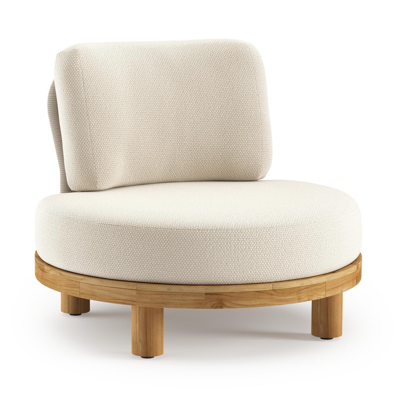 Donato loungestoel in teak en beige verticaal geweven ronde rope met all weather cosytica Althea Off White kussen