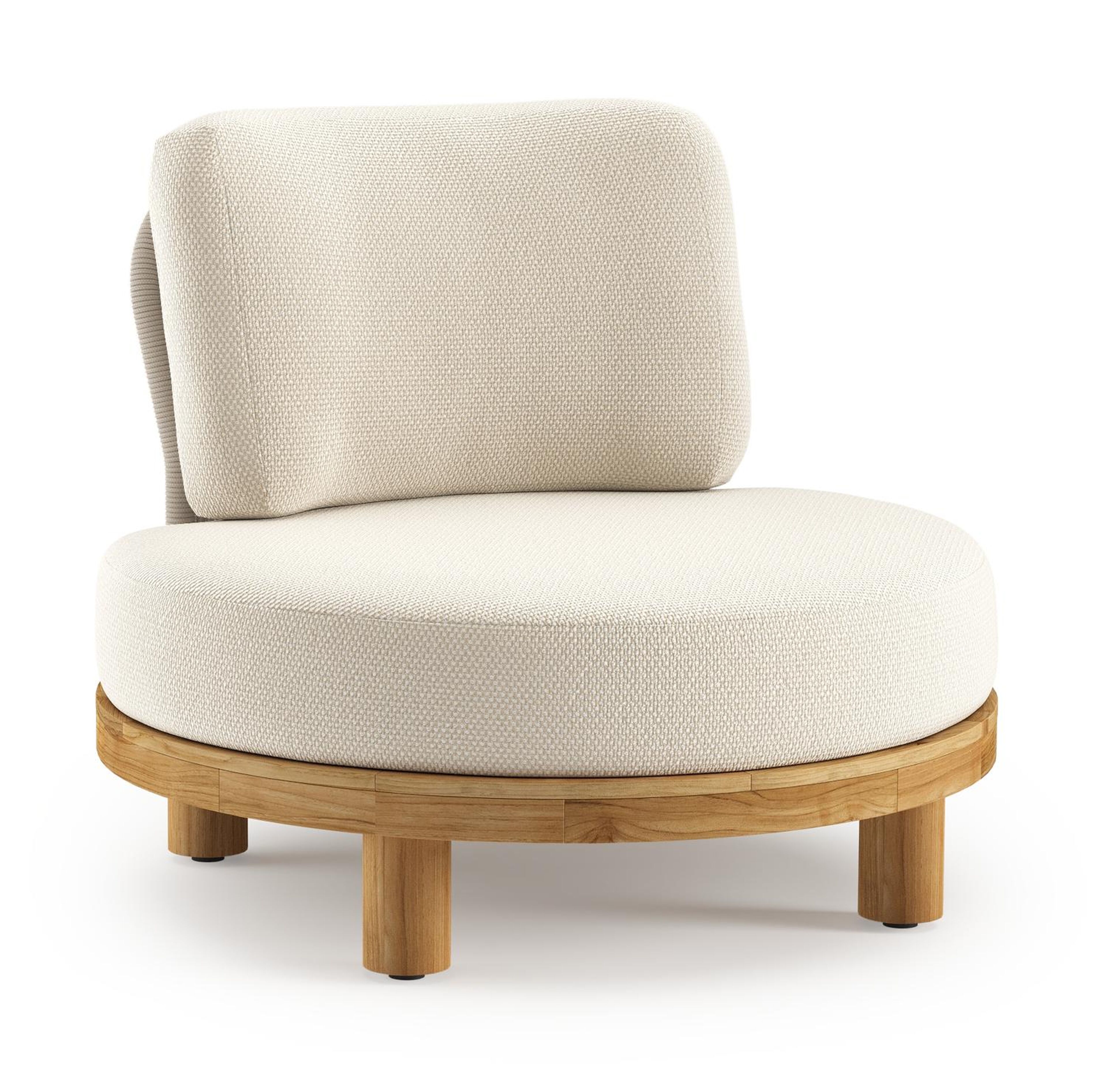 Donato loungestoel in teak en beige verticaal geweven ronde rope met all weather cosytica Althea Off White kussen