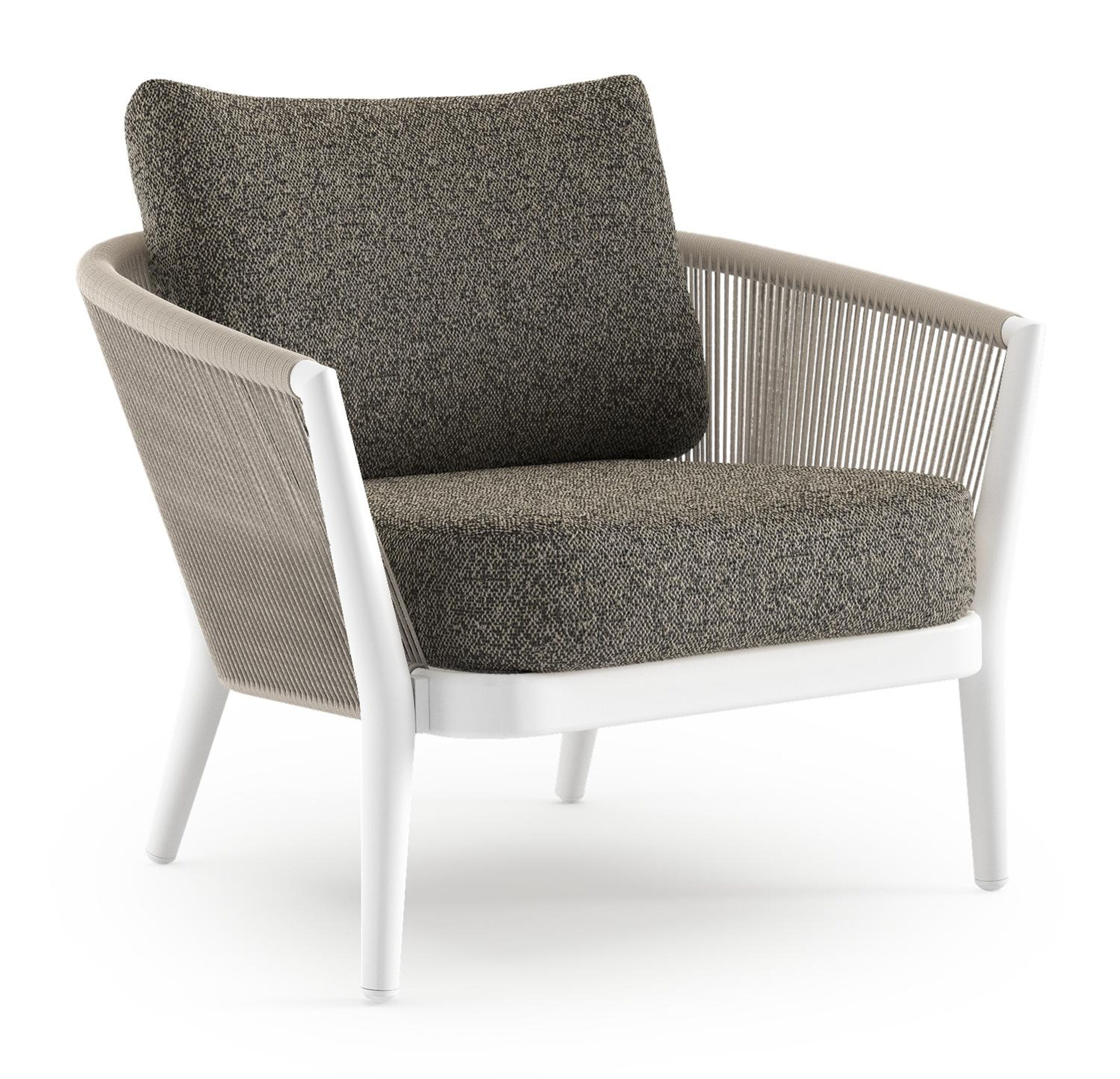 Orso loungestoel in wit aluminium en beige verticaal geweven ronde rope met Marbella Tunder all weather cosytica kussen