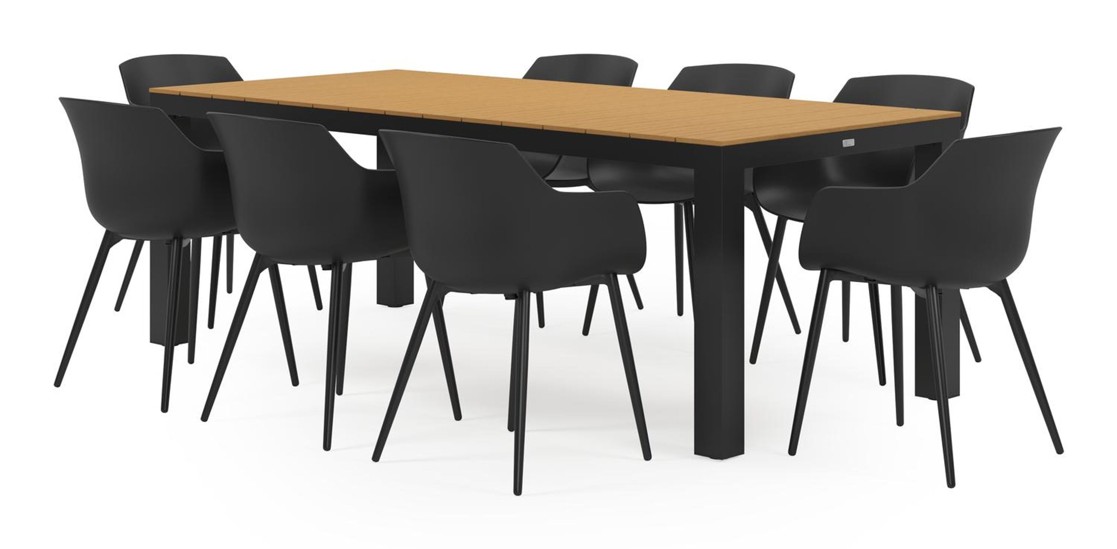 Ensemble de jardin Calzo en aluminium noir avec plateau de table en polywood et 8 chaises de jardin Paco