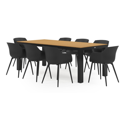Ensemble de jardin Calzo en aluminium noir avec plateau de table en polywood et 8 chaises de jardin Paco