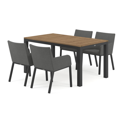 Ensemble de jardin Varese en aluminium noir avec plateau de table en teck naturel et 4 chaises de jardin Rivo