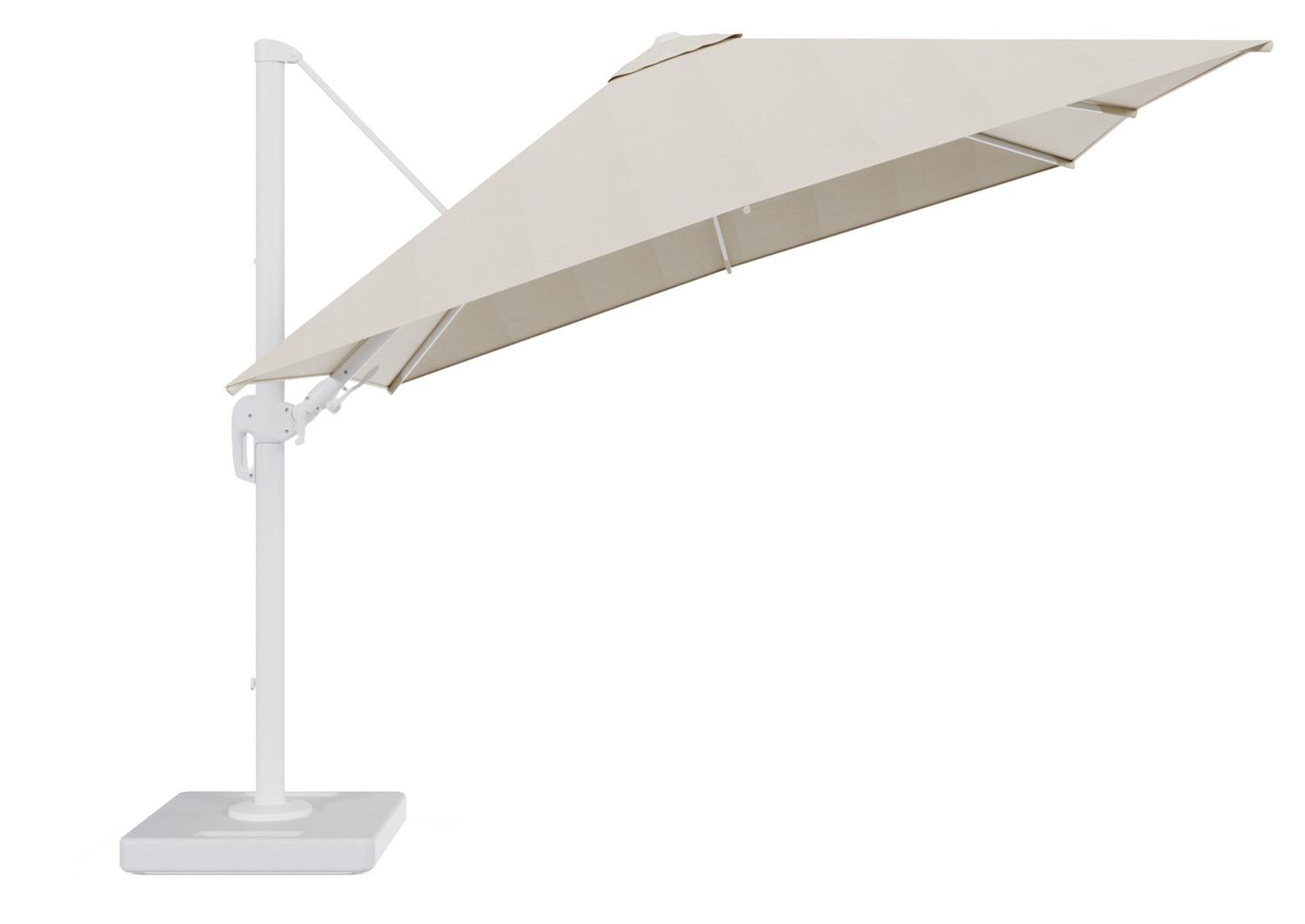 Rufina zweefparasol tiltfunctie in wit aluminium en parasoldoek in All Weather Sunbrella® Premium Beige - L1 300 x L2 300 cm met parasolvoet Lapido 160 kg