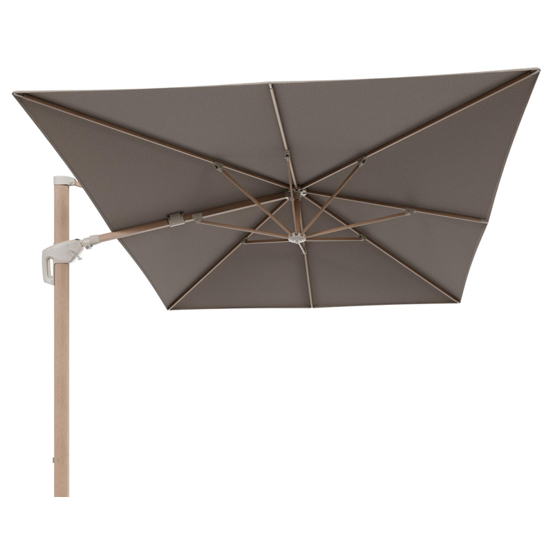 Minore zweefparasol met tiltfunctie in houtlook aluminium en Firenze Earth All Weather Solica parasoldoek - L1 400 x L2 300 cm (zonder voet)