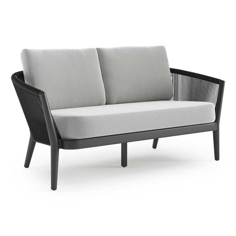 Orso loungebank in zwart aluminium en zwart verticaal geweven ronde rope met Natte Grey Chine all weather sunbrella® luxe kussen