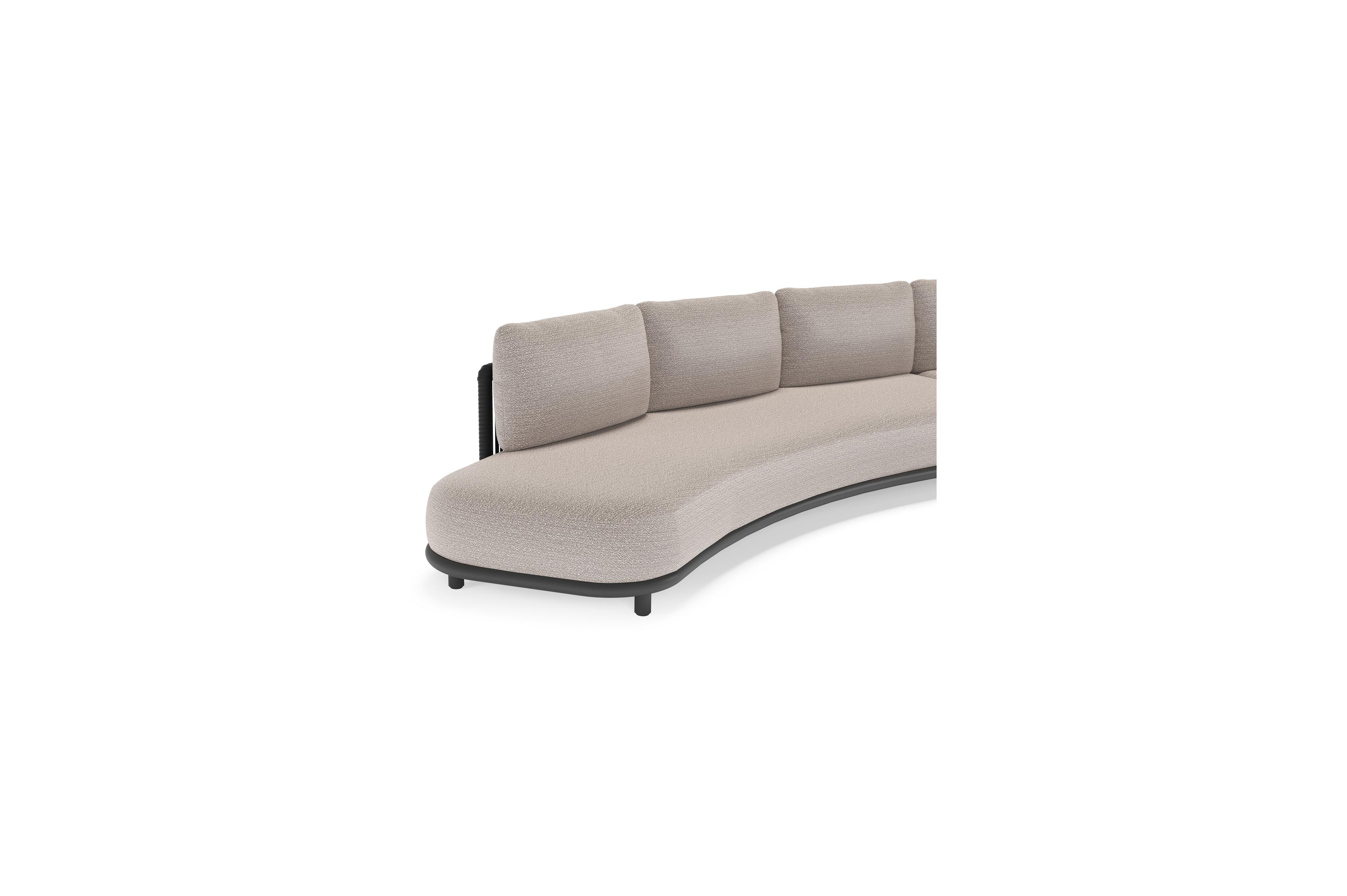 Salon de jardin d'angle Lomano en aluminium noir et corde luxe plate tissée verticalement noir et coussins en all weather sunbrella® luxe wander granite