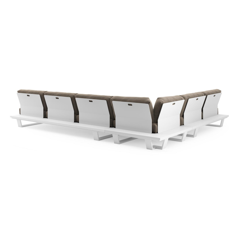 Salon de jardin d'angle Pagino en aluminium blanc et coussins en all weather sunbrella® luxe natte heather grey