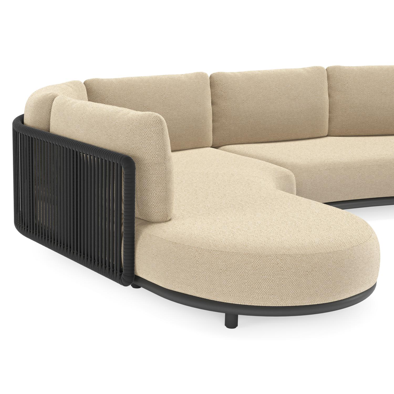 Lomano loungehoek in zwart aluminium en zwart verticaal geweven luxe vlakke rope met althea camel all weather cosytica kussen