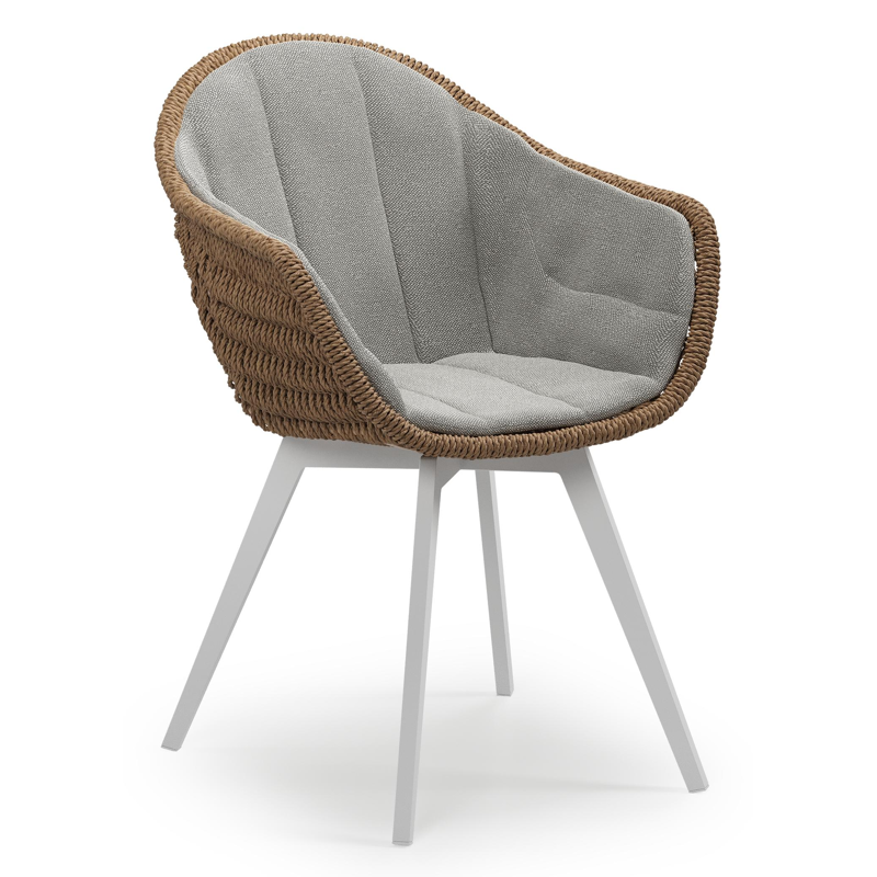 Pagino tuinstoel in wit aluminium en bruin ronde wicker met zitkussen in All Weather Sunbrella® Luxe Savane Zinc