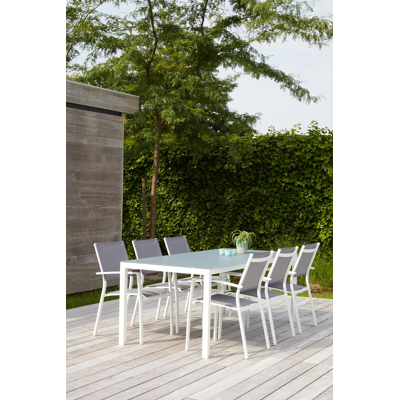 Table de jardin Caldela en aluminium blanc et verre gris - Lg 200 x Larg. 90 x H 75 cm