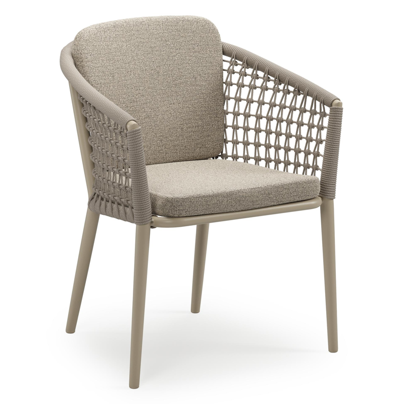 Orso stapelbare tuinstoel in beige aluminium en beige visnet geweven ronde rope met stoelkussen in All Weather Cosytica Catania Beige