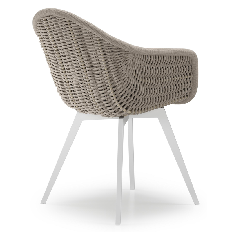 Chaise de jardin Pagino en aluminium blanc et corde ronde tissée verticalement beige avec coussin en All Weather Sunbrella® Luxe Lopi Coconut