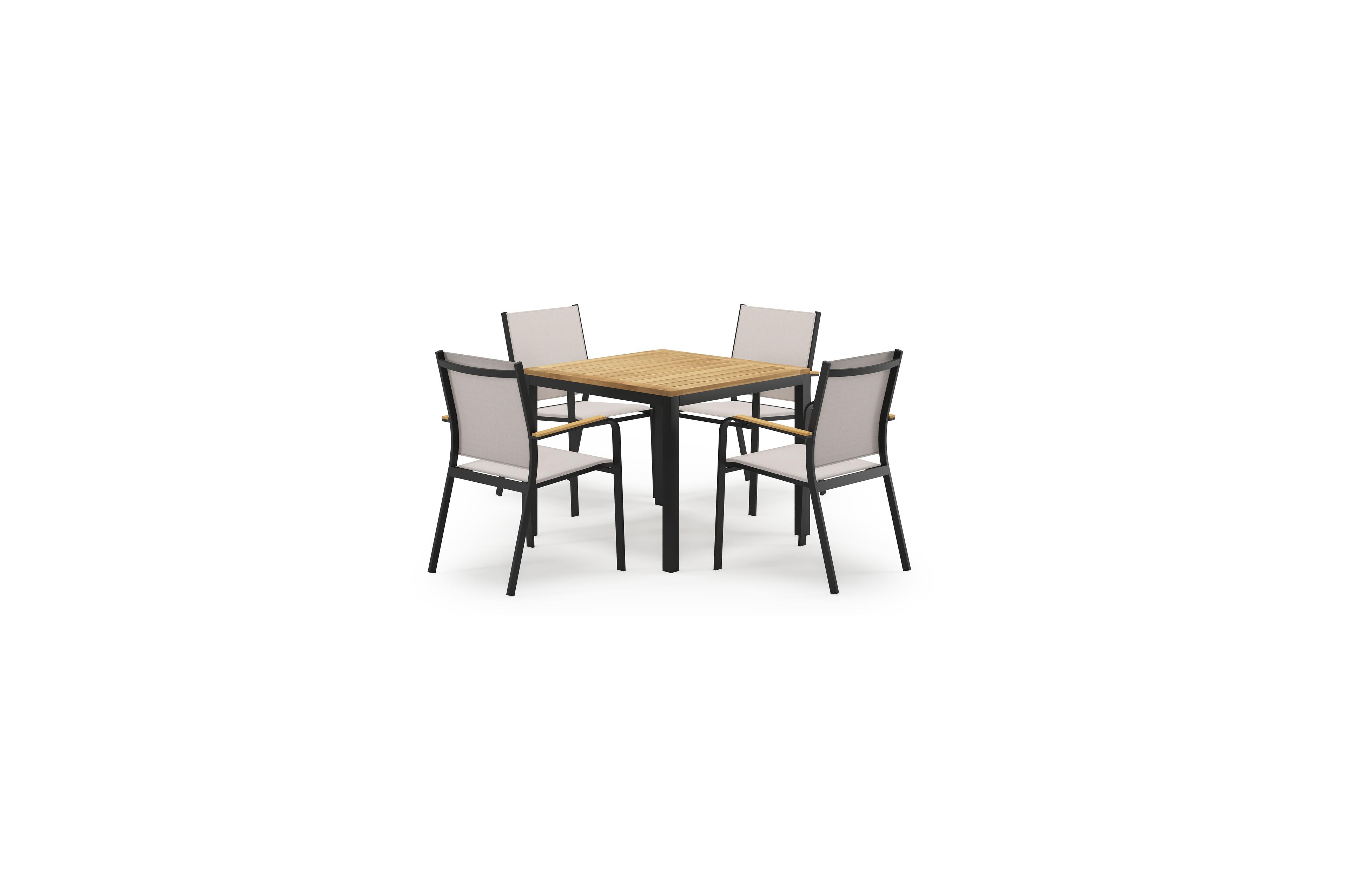 Feltro vierkante tuinset in zwart aluminium en teak natural finish met 4 Amalfi tuinstoelen