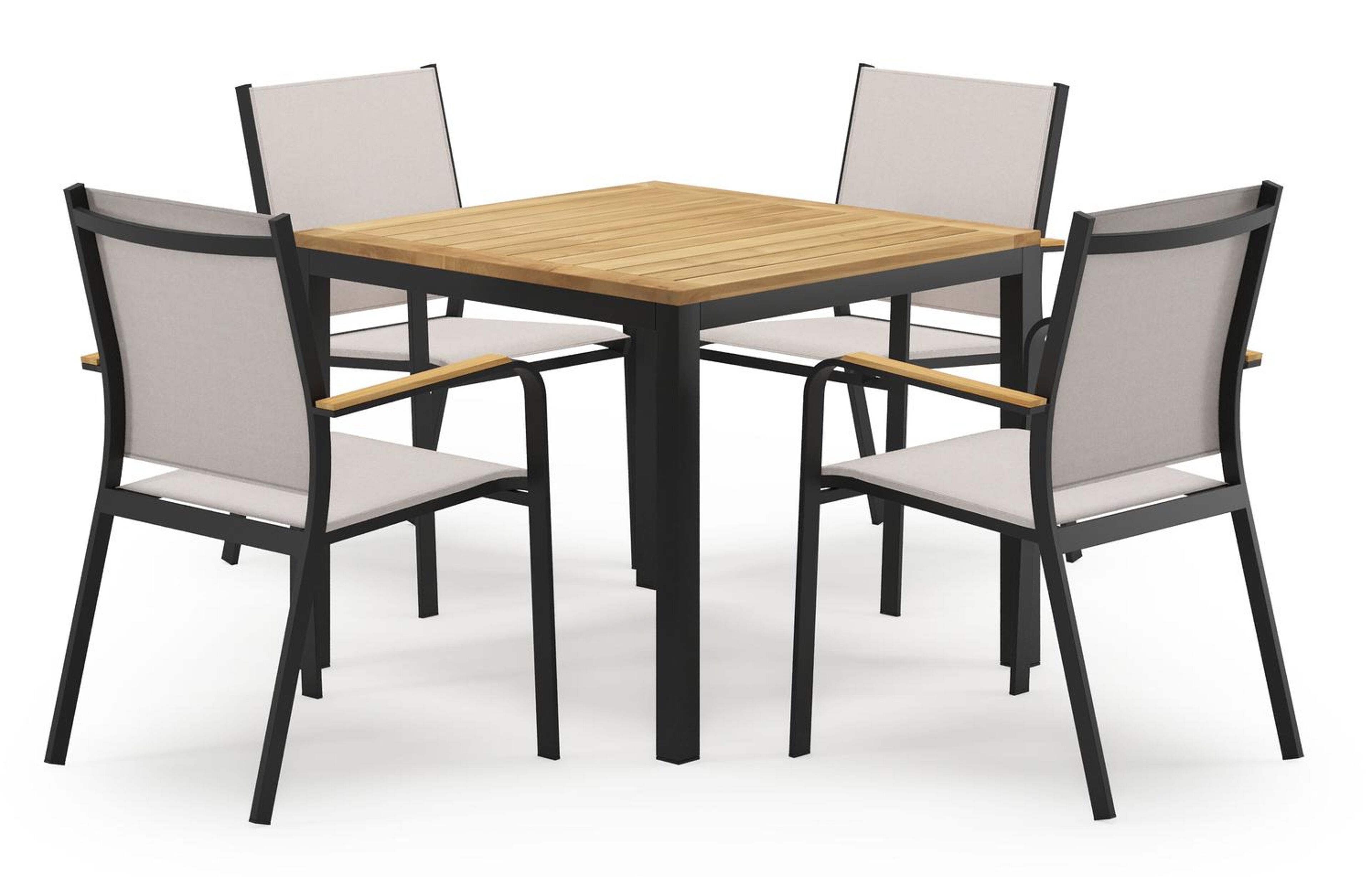 Feltro vierkante tuinset in zwart aluminium en teak natural finish met 4 Amalfi tuinstoelen