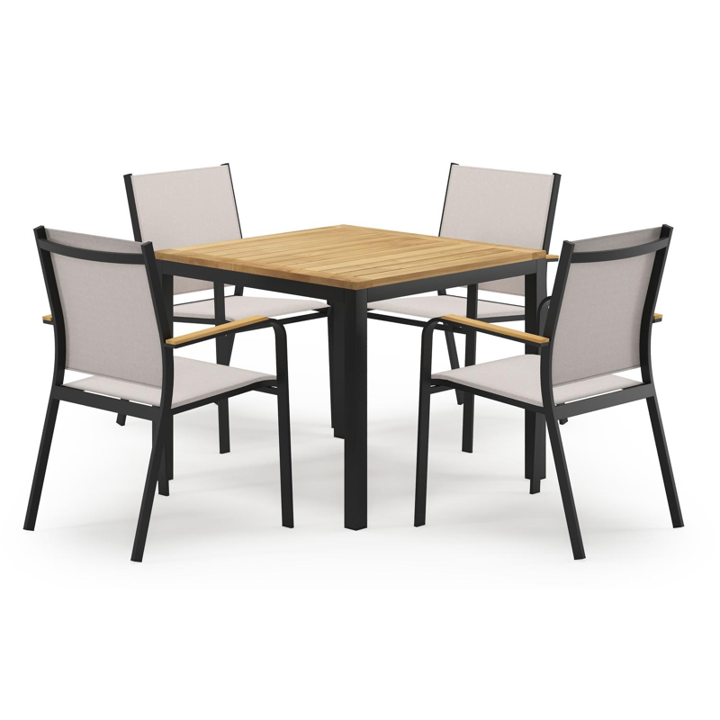 Feltro vierkante tuinset in zwart aluminium en teak natural finish met 4 Amalfi tuinstoelen