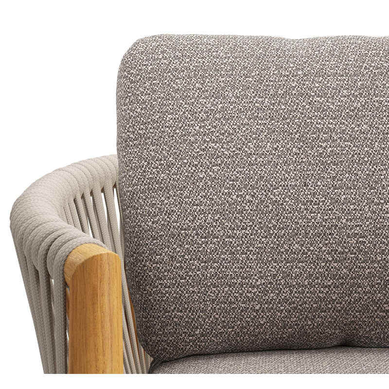 Organo tuinstoel in teak en beige verticaal geweven luxe vlakke rope met zitkussen in All Weather Sunbrella® Luxe Wander Granite