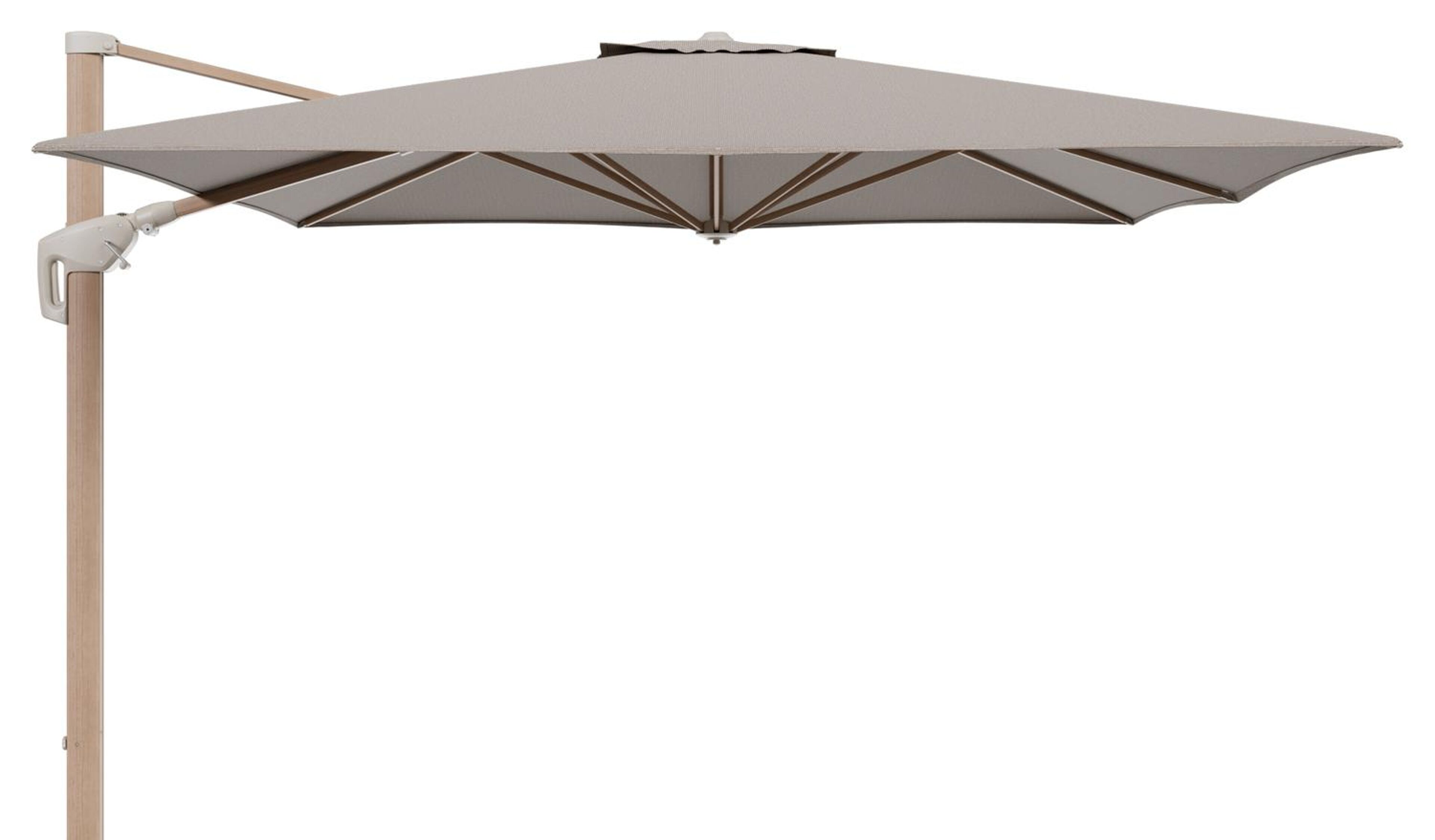 Minore zweefparasol met tiltfunctie in houtlook aluminium en Firenze Earth All Weather Solica parasoldoek - L1 350 x L2 350 cm (zonder voet)