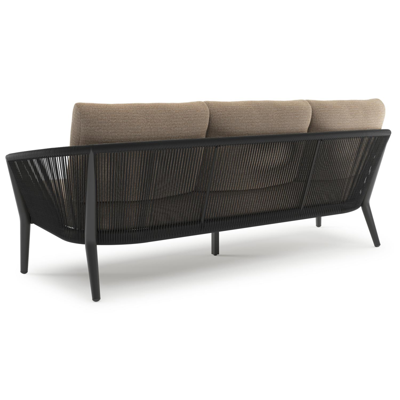 Orso loungebank in zwart aluminium en zwart verticaal geweven ronde rope met Firenze Earth all weather solica kussen