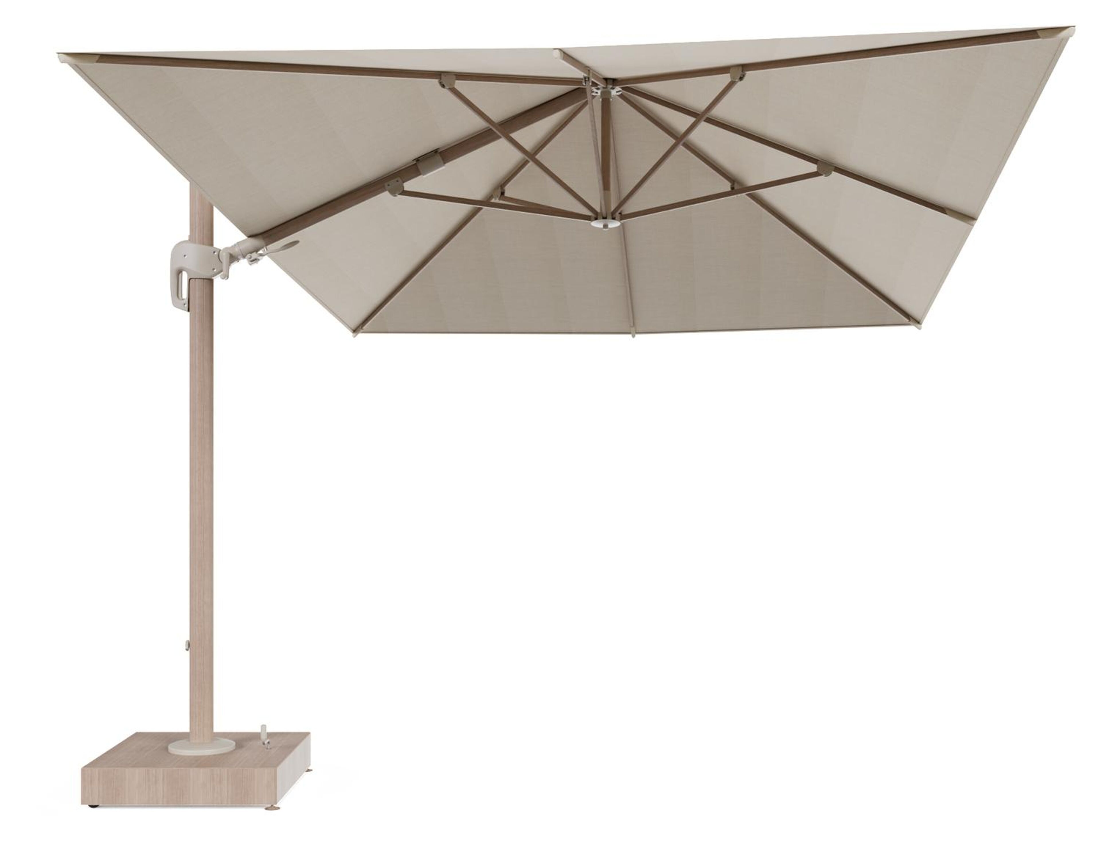 Rufina zweefparasol met tiltfunctie in houtlook aluminium en beige All Weather Sunbrella® Premium parasoldoek - L1 400 x L2 300 cm met parasolvoet Minore 150 kg met wielen