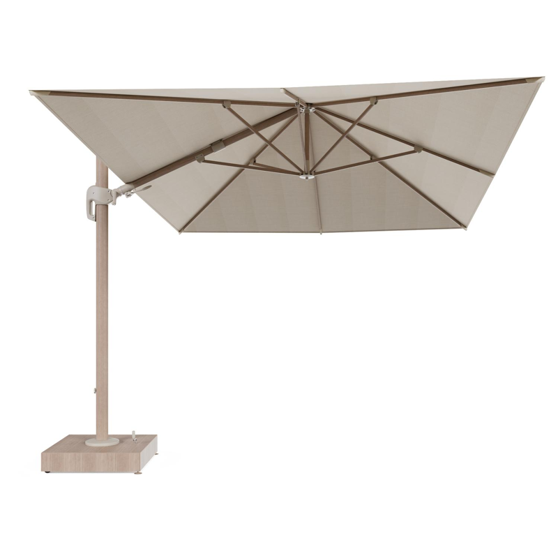 Rufina zweefparasol met tiltfunctie in houtlook aluminium en beige All Weather Sunbrella® Premium parasoldoek - L1 400 x L2 300 cm met parasolvoet Minore 150 kg met wielen