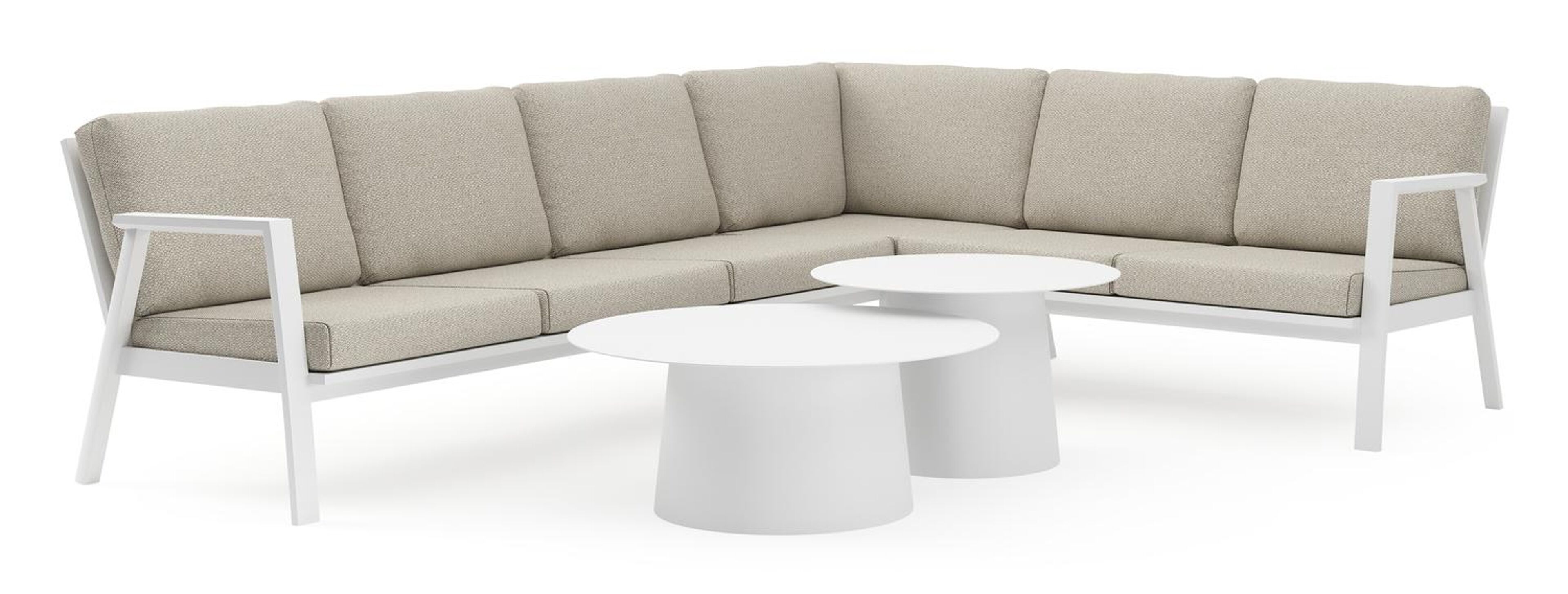 Avila loungehoek in wit aluminium met beige weather+ softtouch kussens en loungetafel