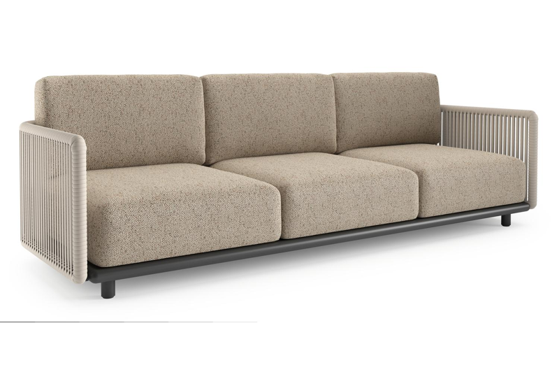 Organo loungebank in zwart aluminium en beige verticaal geweven luxe vlakke rope met bora jungle all weather Cosytica kussen