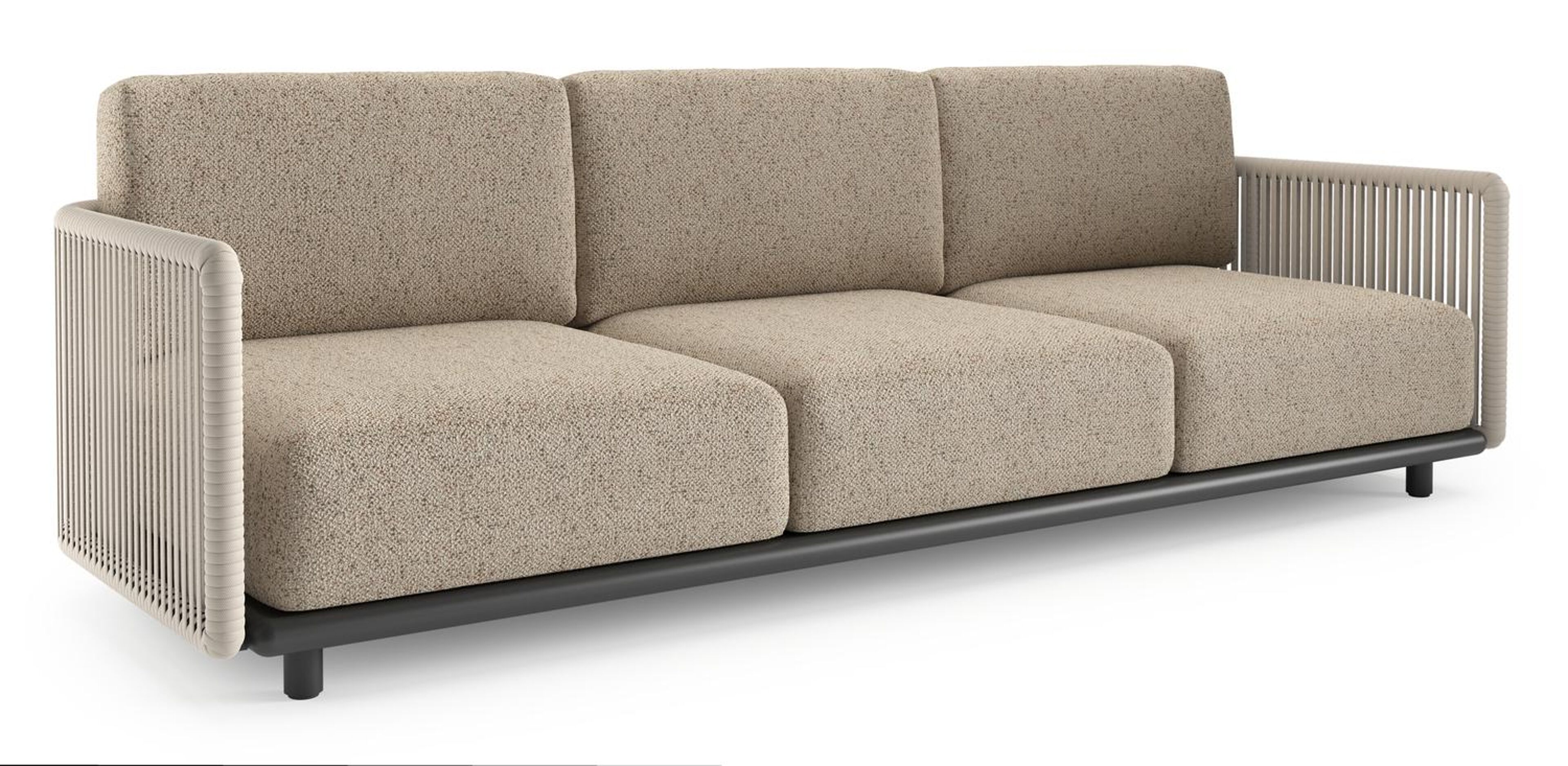 Organo loungebank in zwart aluminium en beige verticaal geweven luxe vlakke rope met bora jungle all weather Cosytica kussen