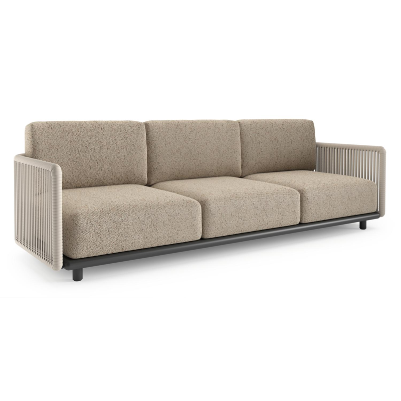 Organo loungebank in zwart aluminium en beige verticaal geweven luxe vlakke rope met bora jungle all weather Cosytica kussen