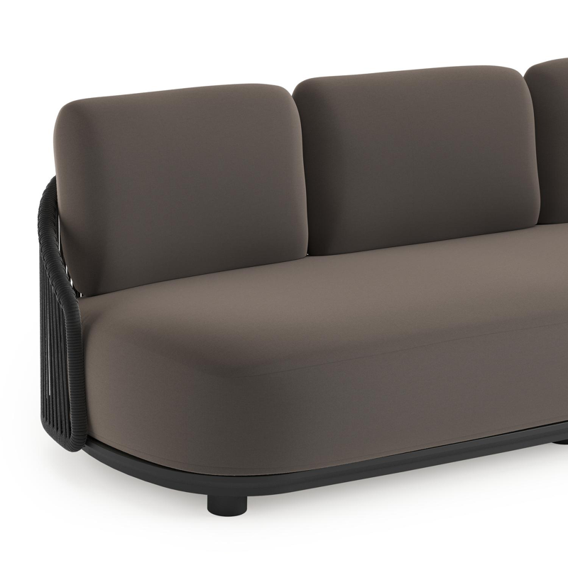 Canapé de jardin Vadelo en aluminium noir et corde ronde tissée verticalement noir et coussins en all weather sunbrella® luxe natte nature grey