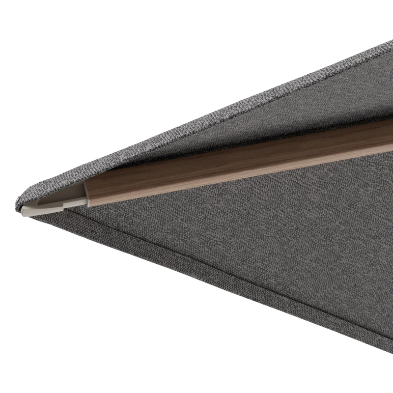Minore zweefparasol met tiltfunctie in houtlook aluminium en Chartres Drizzle All Weather Sunbrella® Luxe parasoldoek - L1: 350 x L2: 350 cm met parasolvoet Minore 260 kg met wielen